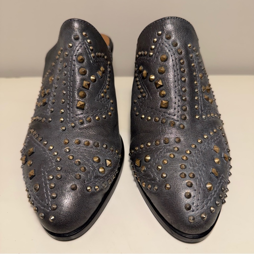 Frye & Co. Phoenix Leather Studded Heeled Mule Womens Size 9.5 Gold Grunge West - Picture 2 of 9